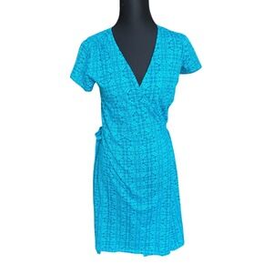 PACT ORGANIC Blue Geometric Print Wrap Dress Short Sleeve Size Small